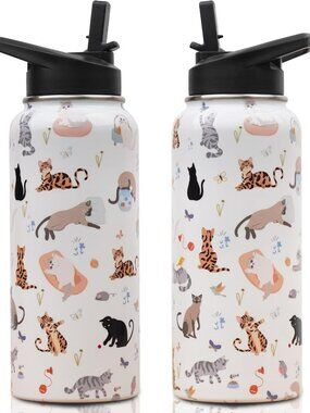 32 oz Insulated Cat Water Bottle with Straw, Leakproof Stainless Steel - Perfect